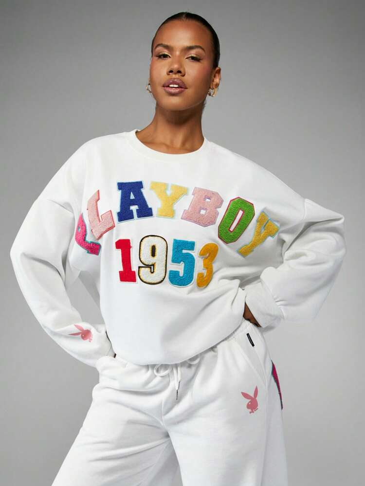 Missguided x Playboy Oversized Sweatshirt With Colorful Applique Patches Letter Graphics Long Sleeve Crew Neck Pullover Casual Streetwear Top