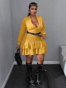 Maweii Vestido de punto casual con cuello en V, mangas raglán y volantes en el bajo, talla grande y unicolor - Amarillo - Ver 6