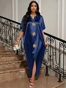 SHEIN Lady 四季皆宜的节日礼服/婚礼宾客/礼服/舞会礼服/金色/晚宴礼服/金色女士缎面提花前开衩连衣裙，休闲派对优雅 - 藏蓝色 - 查看 6