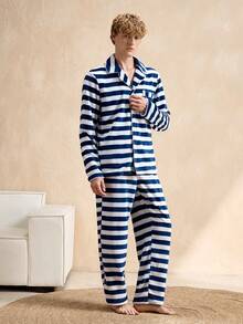 EverLounge Blue & White Striped Comfortable Fleece Men's Loungewear Set, Fluffy Winter Clothes - Multicolor - View 4