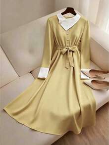 SHEIN Clasi Women's White And Yellow Autumn Winter Dress,High Neck Drawstring Waist Belt Colorblock Ellegant Tea Party Dress,Sophisticated Ladies Party Dress - Yellow - View 1