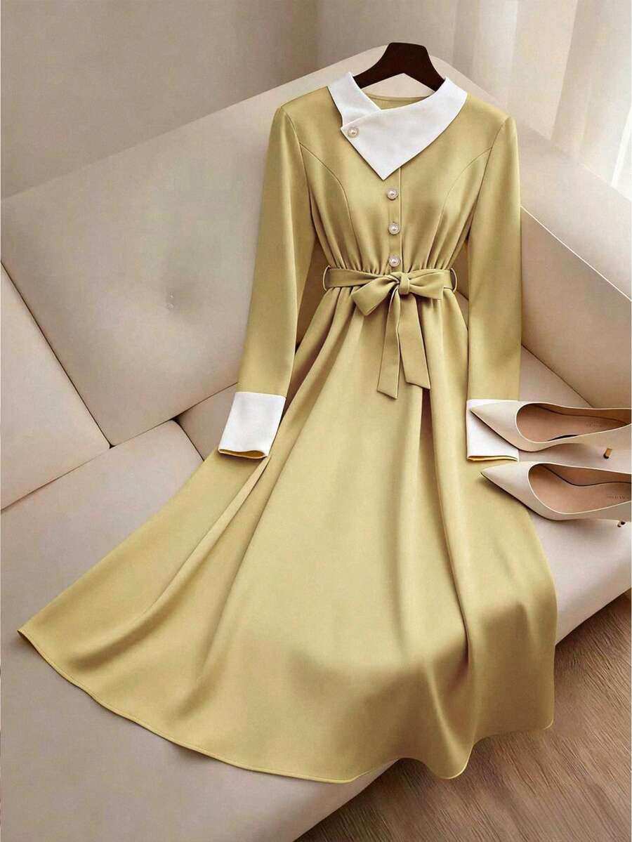 SHEIN Clasi Women's White And Yellow Autumn Winter Dress,High Neck Drawstring Waist Belt Colorblock Ellegant Tea Party Dress,Sophisticated Ladies Party Dress - Yellow - View 1