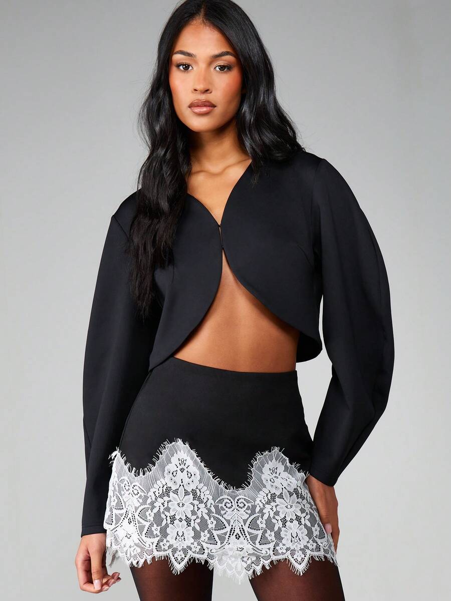 MISSGUIDED Mini Skirt With Eyelash Lace Hem Detail High Waisted Bodycon Style Perfect For Fall Winter Party Events Special Occasions - Black and White - View 1