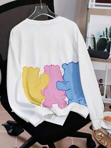 SHEIN X Care Bears 圆领长袖白色舒适秋冬卫衣，Cheer Bears 熊 Funshine 熊卡通心形和英文字母印花图案，适合女士 - 白色 - 查看 2