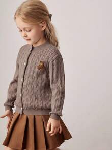 PrepCrw Young Girls' Collegiate Style Bear Embroidery Patch Front Knit Cardigan - Camel - View 6