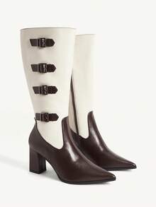 CUCCOO CHICEST Women's Contrast Color Pointed Toe Buckle Design Fashion High Heel Boots For Christmas