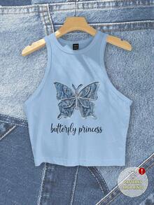 SHEIN EZwear Áo tank top ôm sát cổ tròn phong cách retro thường ngày, in hình bướm xanh và chữ viết tay, thích hợp cho mùa hè và đi biển, dành cho nữ. - Màu xanh lam - Xem 5