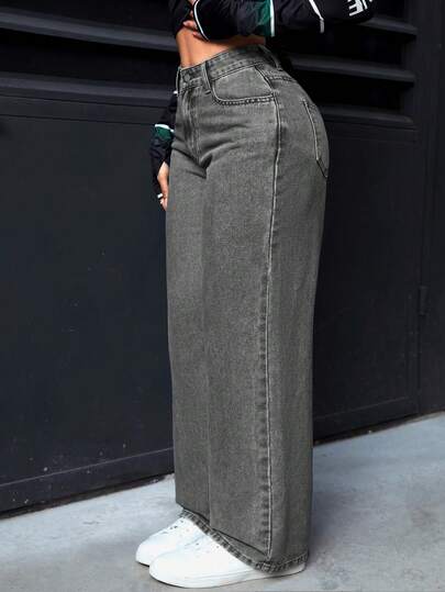 SHEIN PETITE Jeans casuales de ajuste recto con forro térmico de unicolor para mujeres, térmicos para Acción de Gracias y Navidad, denim grueso