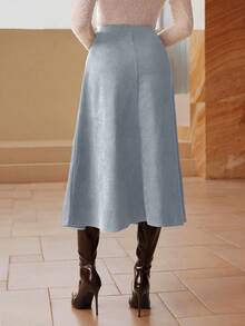 Modelyn Váy dài xòe thanh lịch bằng da lộn giả màu trơn dành cho nữ - Màu xanh lam - Xem 2