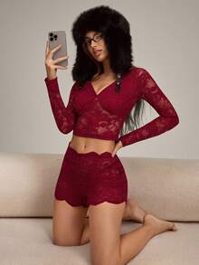 SHEIN Women's Sexy Romantic Sheer Lace V-Neck Long Sleeve Bustier Crop Top & Shorts Pajama Set - Burgundy - View 5