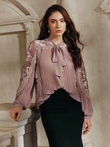 SHEIN Unity 新款优雅宽松褶皱雪纺长袖衬衫，法式复古蕾丝拼接衬衫，适合春季、夏季、度假、派对、情人节等场合。 - 粉色 - 查看 5