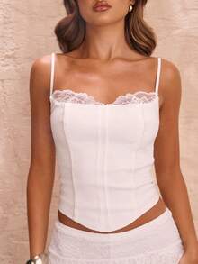 SHEIN BAE 白色蕾丝拼布透明胸围紧身胸衣，女士内衣，白色紧身胸衣，情人节内衣，蕾丝胸罩 - 白色 - 查看 7