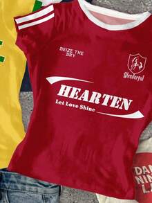 3pcs/Set Retro Street Style Graphic Tees For Teen Girls, Dopamine Blue, Vintage Red, Bright Yellow, Digit & Letter Patterns, Casual Slim Fit Crew Neck Short Sleeve High Waist Cropped Regular T-Shirts, Suitable For Summer - Multicolor - View 4