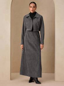 Graceveil Veste en velours côtelé marron chocolat pour femme avec une touche rétro, associée à une jupe longue fendue pour une tenue d'automne stylée - Gris - Voir 3