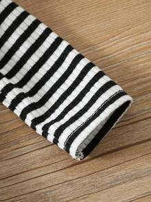 Baby Girl Black & White Striped Ruffle Sleeve Thermal Lined Thick Elastic Top, Suitable For Winter