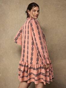 Freevana 大码立领插肩袖宽松荷叶边下摆复古时尚连衣裙 - 珊瑚橙 - 查看 2