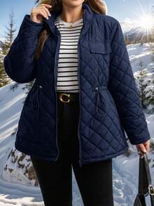 Comfylo Áo khoác mùa đông thường ngày cỡ lớn màu trơn tay dài có khóa kéo phía trước, dây rút ở eo dành cho nữ - Màu xanh hải quân - Xem 1