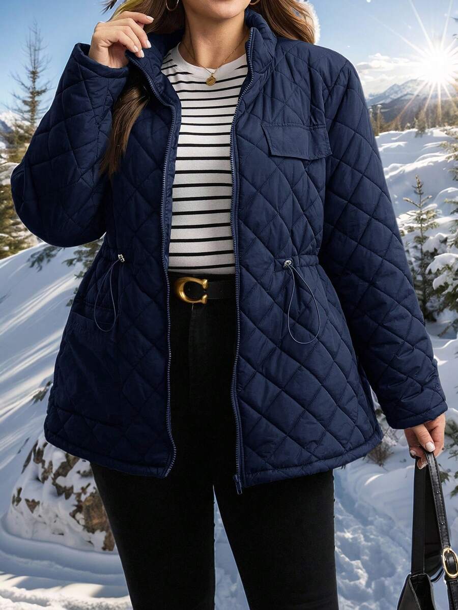 Comfylo Áo khoác mùa đông thường ngày cỡ lớn màu trơn tay dài có khóa kéo phía trước, dây rút ở eo dành cho nữ - Màu xanh hải quân - Xem 1