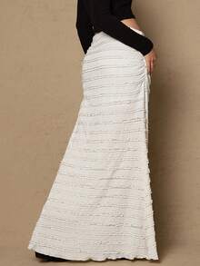 Freevana Falda maxi de punto elegante y romántica de talla grande, adecuada para fiestas y reuniones, nueva colección de otoño/invierno, elegante falda maxi larga blanca para vacaciones de verano, Día de San Valentín, Eid Al-Adha, estilo bohemio con volantes blancos