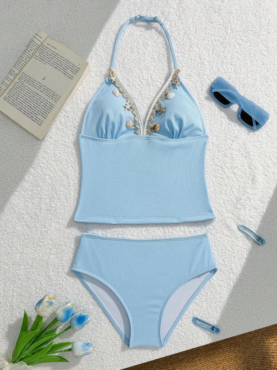 SHEIN Bộ bikini hai dây có thể điều chỉnh được cho bé gái tuổi teen, chất liệu vải gân xanh, họa tiết vỏ sò và sao biển - Màu xanh lam - Xem 1