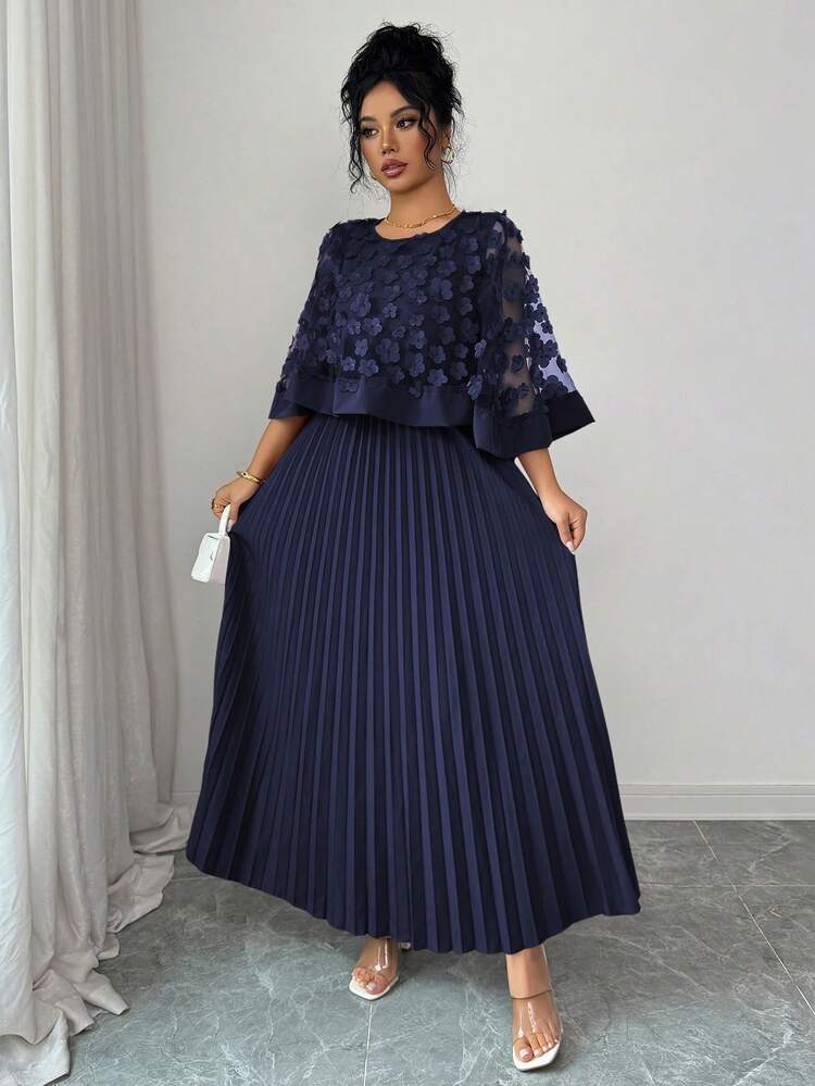 Elenzga Vestido con decoración floral elegante y bajo plisado, adecuado para bodas, fiestas de cumpleaños y otras ocasiones, otoño - Azul Marino - Añade 5