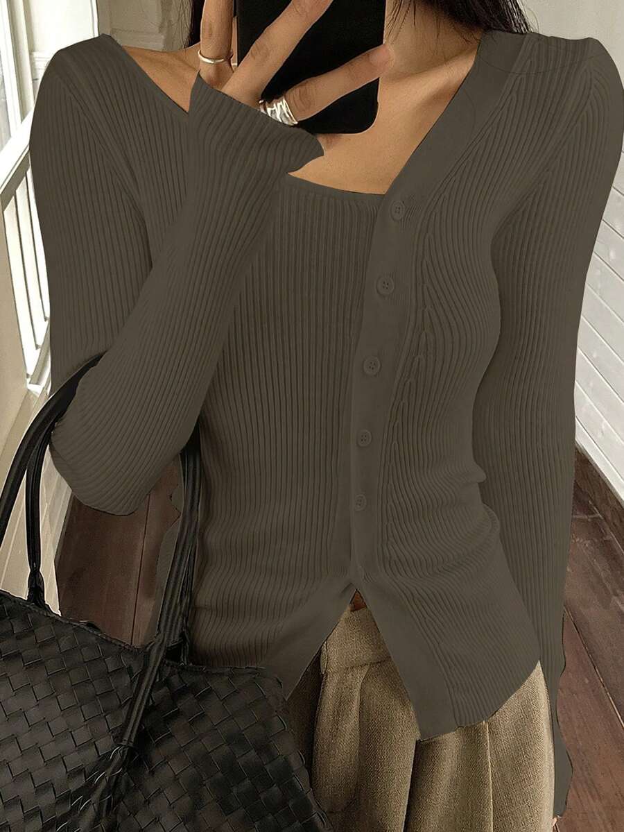DAZY Damen einfarbiger langärmeliger einreihiger schräger Schulter gestrickter Cardigan, Herbst/Winter - Kamelfarben - Übersicht 1