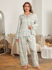 Serenescape Plus Size Women Vintage Allover Print Long Sleeve Top And Pants Pajama Set Sleep Wear Women 2 Pieces Set Pajamas Set, Winter Clothes - Mint Green - View 3