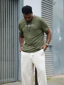 Heavens Edit 男士休闲标语印花短袖 T 恤，夏季 - 軍綠色 - 查看 5