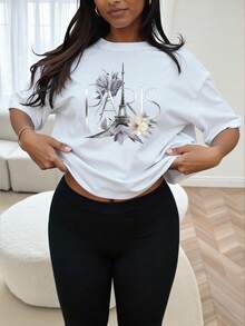 SHEIN EZwear Plus Size Women Letter & Floral Print Round Neck Short Sleeve Casual T-Shirt, Versatile For Summer - White - View 3