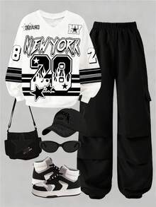 SHEIN ChillGRL 两件套少女运动街头休闲字母数字印花长袖针织卫衣和侧袋抽绳工装裤，酷女孩日常运动装 - 彩色 - 查看 1