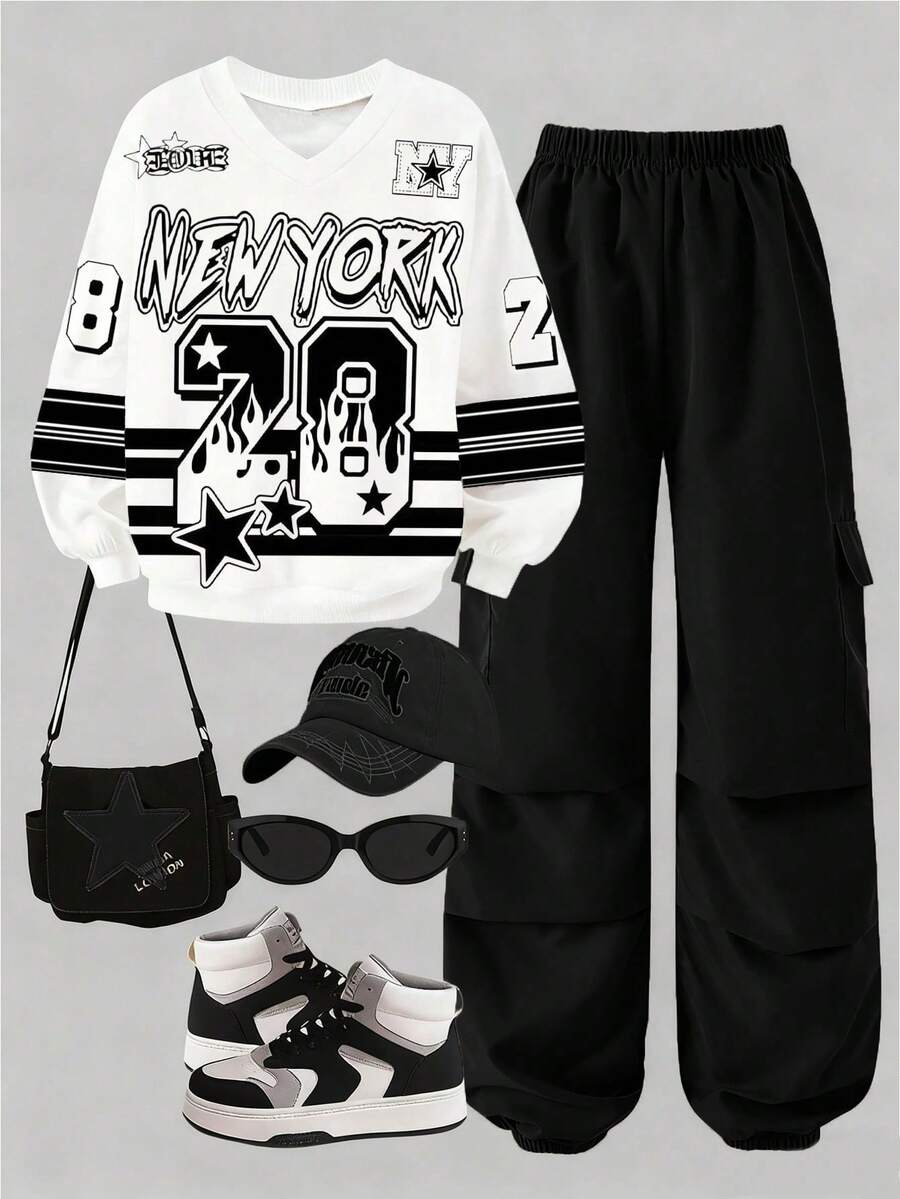 SHEIN ChillGRL 两件套少女运动街头休闲字母数字印花长袖针织卫衣和侧袋抽绳工装裤，酷女孩日常运动装 - 彩色 - 查看 1