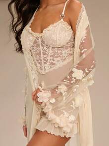 Enchnt Bộ đồ ngủ nữ kèm váy lưới thêu hoa và áo choàng - Màu be - Xem 2