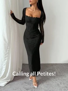 SHEIN PETITE 女式新款夏季派对约会晚会性感S型蕾丝长袖胸罩鱼骨方领紧身黑色长裙 - 黑色 - 查看 8