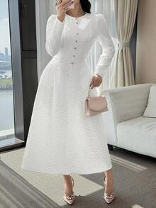 Feyla Women's Floral Jacquard Button Design Round Neck Puff Sleeve Elegant Mid-Length Dress - White - View 3