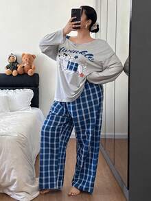 Dream Adore 大码露肩狗狗印花长袖上衣和格子裤休闲睡衣套装 - 彩色 - 查看 6