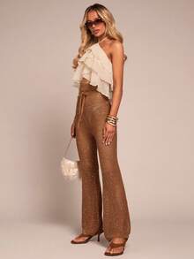 Glamine Damen Hose mit elastischem Bund, Schleife und Pailletten Dekor, modische gestrickte Weite Hose - Braun - Übersicht 1