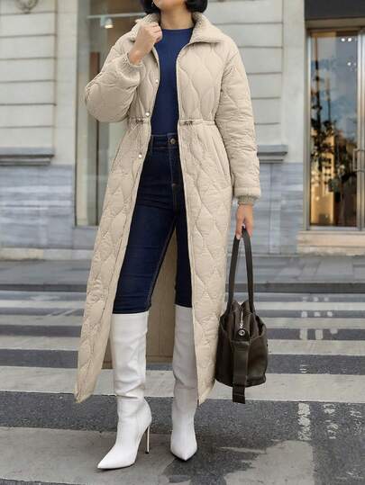 EURMUSE Women's Quilted Long Coat With Faux Fur Collar And Drawstring Waist, Cozy And Elegant Outerwear, Waterproof Fabric Long Coat For Women Long Quilted Coat Winter Coat Puffer Coat Long Coats For Women Long Jacket For Women