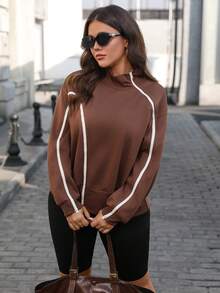 EMERY ROSE 大码女式时尚撞色拉链抓绒高领灯笼袖卫衣 - 棕色 - 查看 5