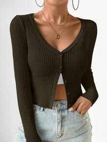 Women's Slim Fit Button Front Ribbed Cardigan, Casual Long Sleeve - Army Green - View 7