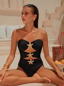 Costavie 2026春夏款黑色可拆卸肩带镂空腰部金色海星图案优雅女士连体泳衣