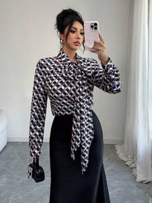 Elenzga 女士优雅印花扭领衬衫，适合工作和通勤，春秋季 - 藏蓝色 - 查看 1