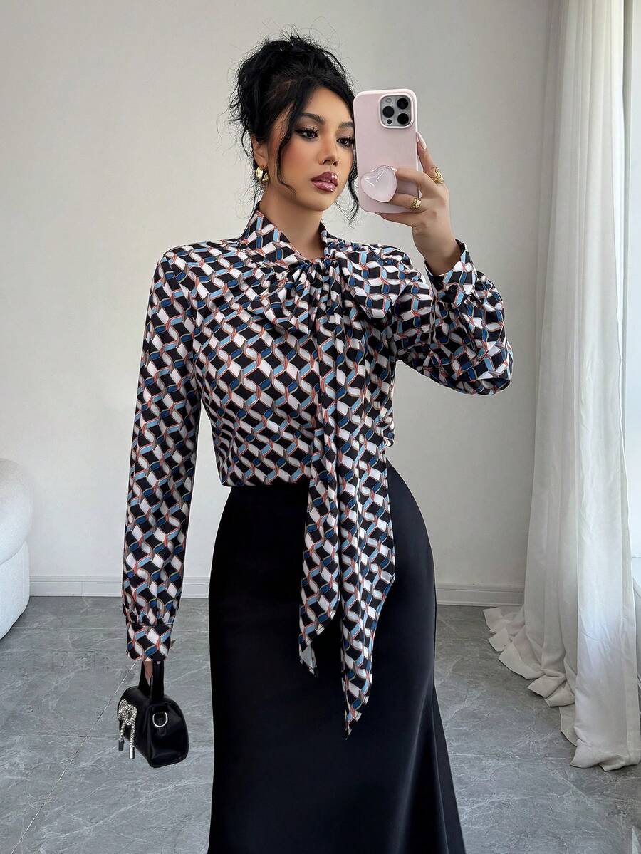 Elenzga 女士优雅印花扭领衬衫，适合工作和通勤，春秋季 - 藏蓝色 - 查看 1