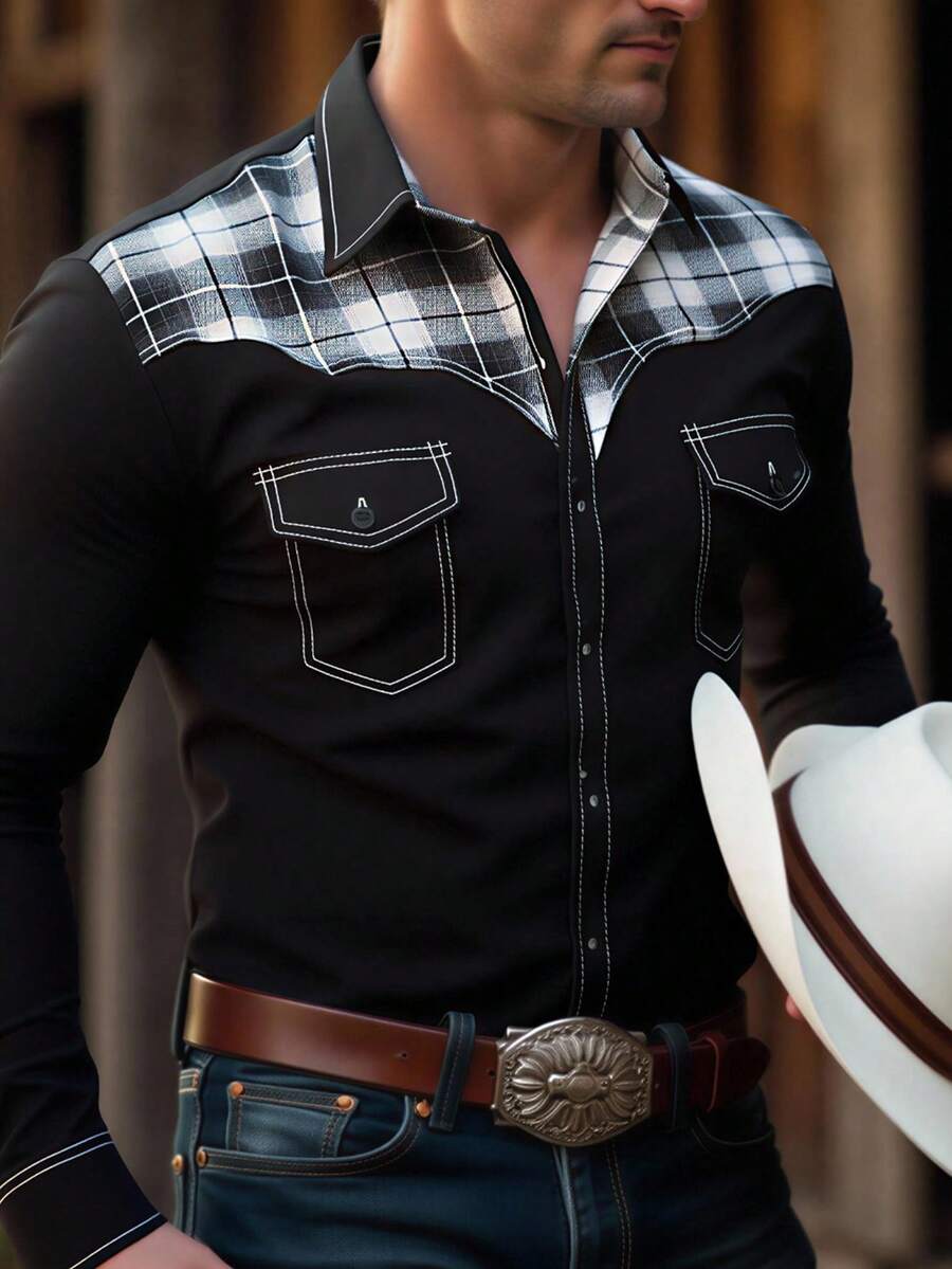Manfinity Nomadique Camicia casual a maniche lunghe con patchwork a quadri, monopetto, stile cowboy, per uomo, adatta per concerti country, rodeo e stile western