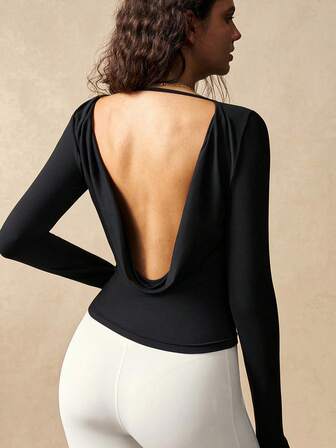 VARSIVA Camiseta deportiva de manga larga con cuello de pico y espalda abierta de unicolor para mujer