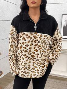 SHEIN CURVE+ Sweat-shirt-shirt décontracté à zip, avec bloc de couleurs et imprimé léopard en sherpa, tailles grandes pour femmes - Multicolore - Voir 6