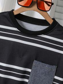 SHEIN Mirajuku 2 Stücke/Set Lässiger, stilvoller Tween Jungen Schwarz & Weiß gestreiftes Langarm T-Shirt mit Tasche und zerrissene Jeans mit elastischem Bund, weite Passform, bequem für den täglichen Gebrauch, Ausflüge, Partys, Reisen, Fotoshootings - Schwarz - Übersicht 5