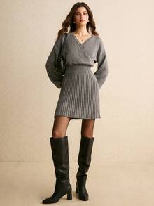 Poéselle Vestido de suéter de manga larga con cuello en V minimalista de unicolor para mujer - Gris - Ver 6