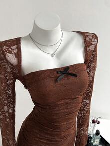 Elamini 性感蕾丝吊带背心和迷你裙套装，修身款，适合秋冬季节 - 棕色 - 查看 9