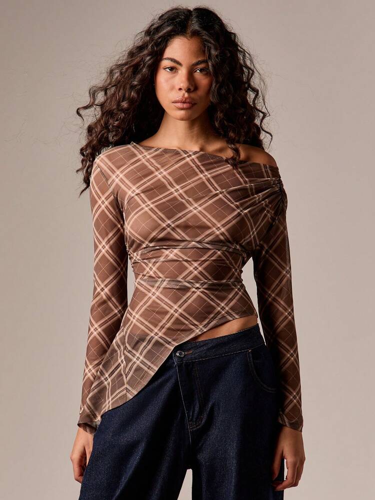 Off Shoulder Plaid Peplum Blouse With Tie Detail