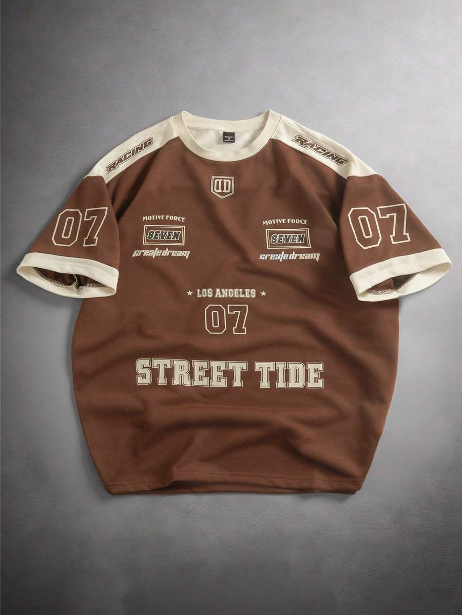 STYNVO Tricou din jerseu casual, cu mânecă scurtă, cu gât rotund, imprimat cu litere, îmbrăcăminte de stradă, cadou pentru iubit - cafea maro - Vizualizare 1